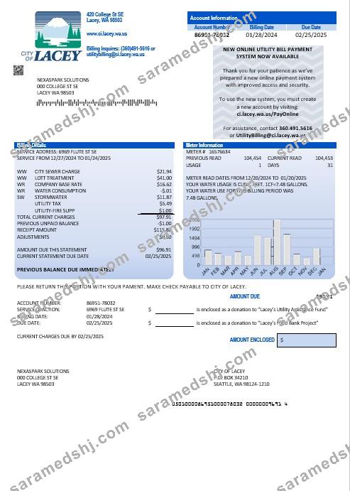 USA Washington City of Lacey water business utility bill template in Word and PDF formats (proof of address)
